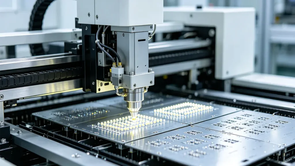 Automated SMT pick-and-place machine mounting SMD LED components onto aluminum MCPCBs at Hongda Circuit factory.