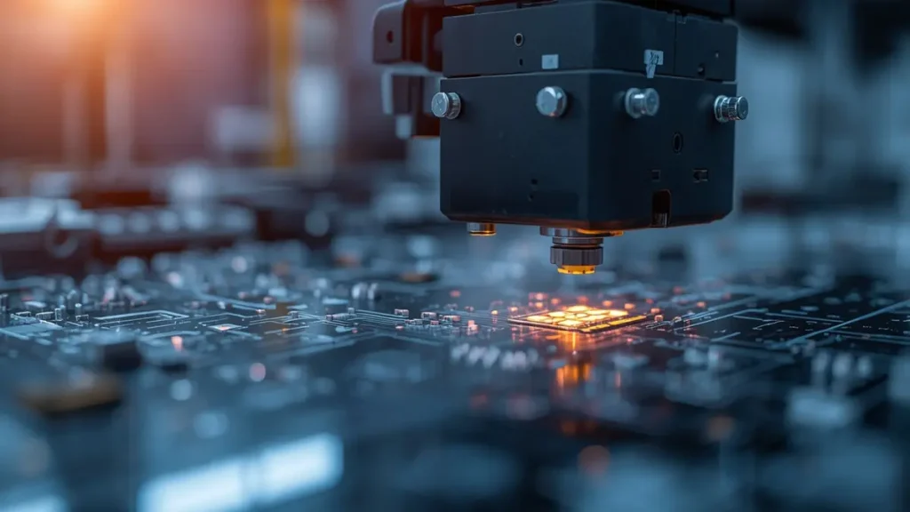 Automatic SMT pick and place machine assembling LED components onto circuit board at Hongda manufacturing facility