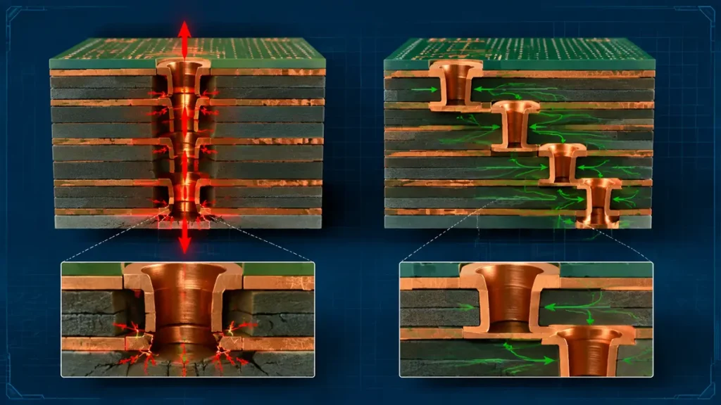 3D cross-section microsection comparing thermal stress in stacked vs staggered microvias by Hongda Circuit
