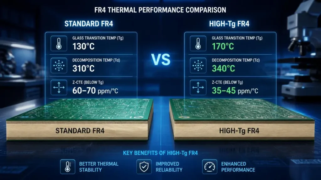 3D comparison diagram of Standard FR4 vs High-Tg FR4 thermal properties including Tg, Td, and Z-CTE