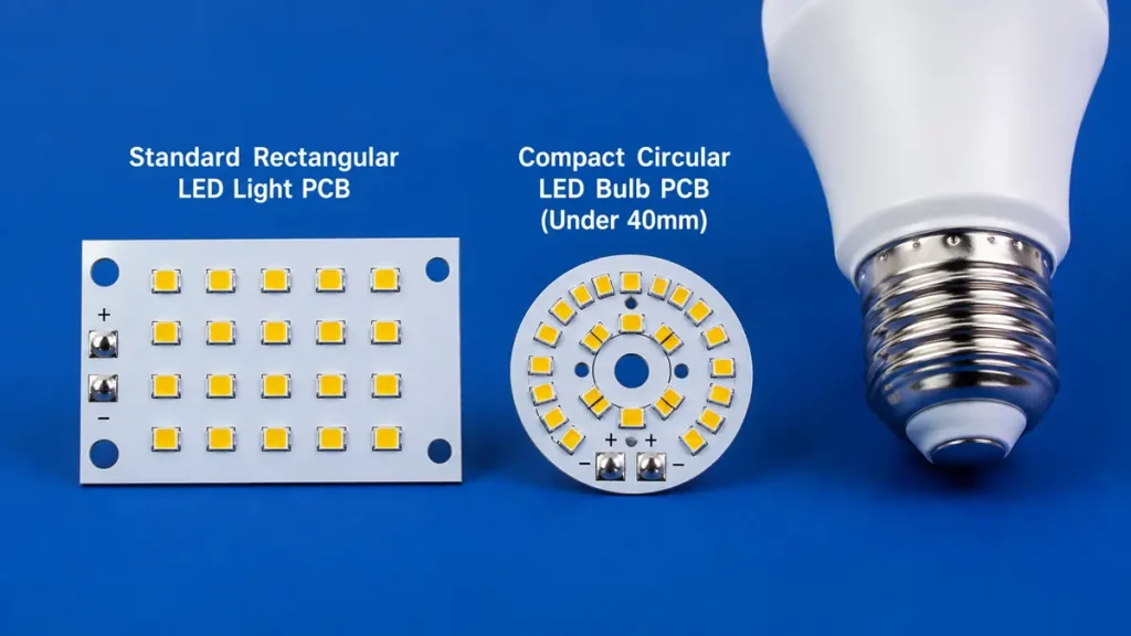 Side-by-side comparison of a standard rectangular LED Light PCB and a circular LED Bulb PCB next to an E27 bulb housing