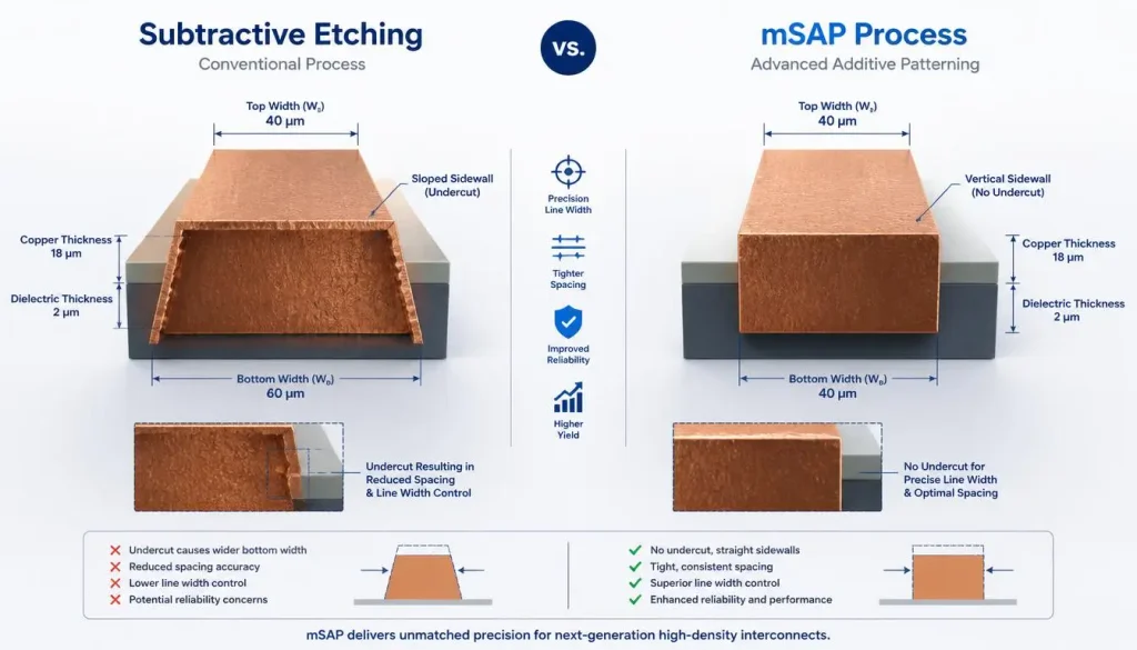 Ultra-Thin PCB Manufacturing Process - Subtractive Etching vs mSAP Trace Cross Section Comparison