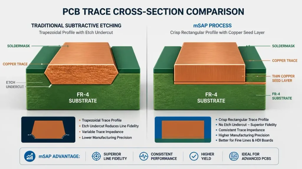 3D cross section comparison between traditional subtractive etching and mSAP process for thin PCB manufacturing