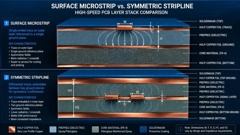 Detailed 3D cross-section diagram comparing surface microstrip and symmetric stripline PCB stackups, showing HVLP copper foil, prepreg, core material, and electric field lines.