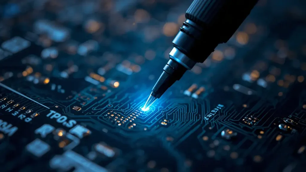High-precision TDR testing probe measuring impedance micro-coupon traces on a high-speed multi-layer PCB at Hongda Circuit.