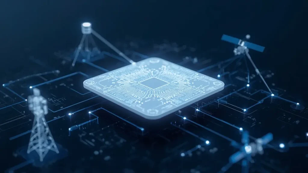 3D conceptual illustration of a high-frequency PTFE Teflon PCB connected to 5G towers, aerospace satellites, and radar sensors for critical industry applications.
