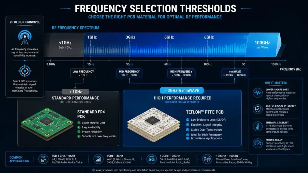 Infographic showing PCB material selection frequency thresholds from 1GHz to 100GHz, comparing standard FR4 for under 1GHz with Teflon PTFE PCB for high-frequency over 3GHz and mmWave applications.