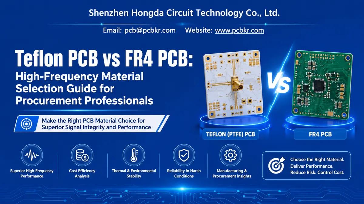 Teflon PCB vs FR4 PCB high-frequency material comparison guide showing PTFE substrate with RF connector versus standard green FR4 circuit board for procurement.