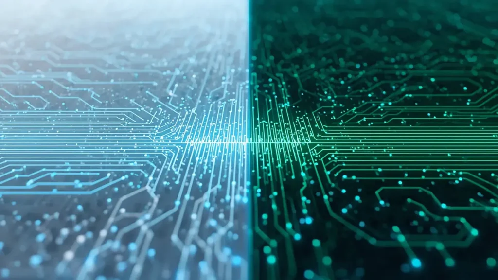 3D comparison showing high-frequency RF signal wave propagation with low loss on a white PTFE Teflon PCB versus signal decay on a green FR4 PCB substrate.