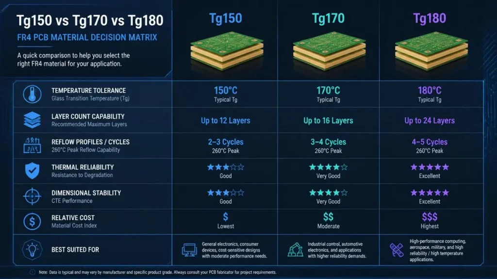 Comparison decision matrix for Tg150 vs Tg170 vs Tg180 FR4 PCB materials showing layer count, reflow capability, and thermal stability by Hongda Circuit