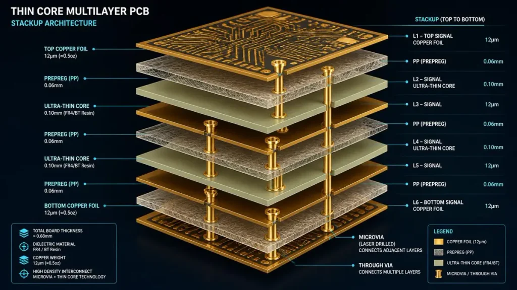 A 3D exploded view diagram of a 6-layer thin core multilayer PCB stackup showing copper foil, prepreg, 0.1mm ultra-thin core, and laser drilled microvias with detailed thickness measurements.