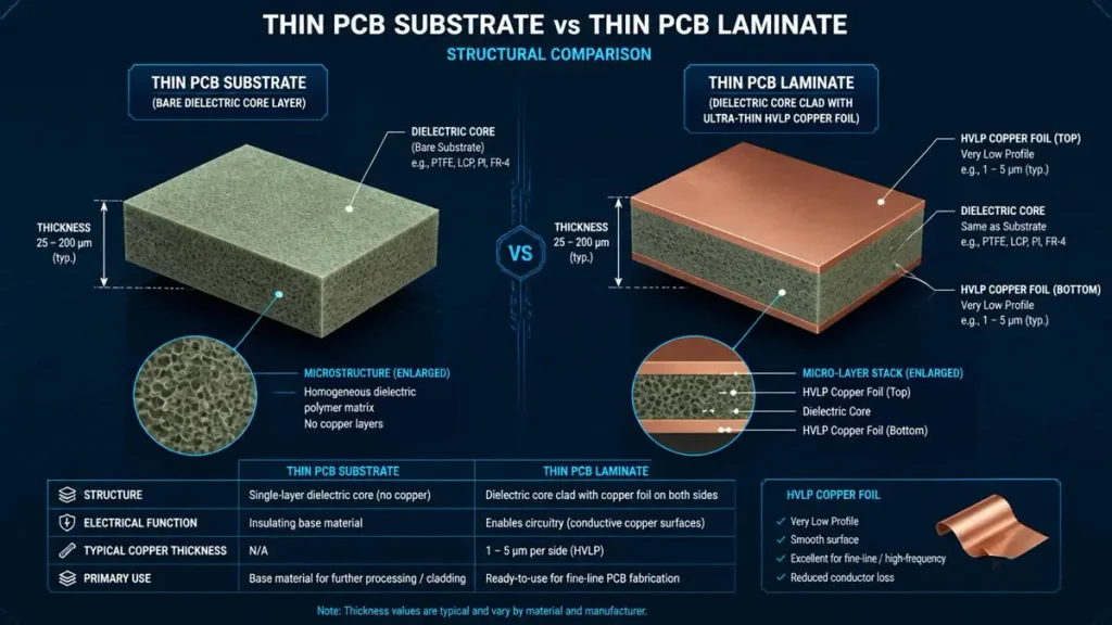 Structural 3D diagram comparing bare thin PCB substrate core with HVLP copper-clad thin PCB laminate, showing layer thickness and microstructure.