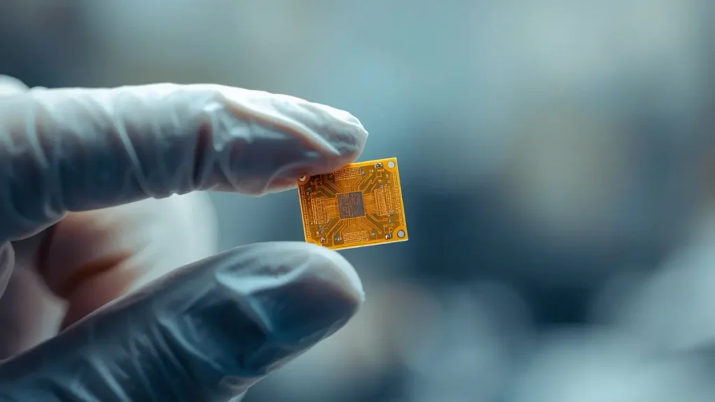 Quality inspection of an ultra thin 0.10mm amber polyimide FPC flexible circuit board with metallic copper traces held in cleanroom glove at Hongda Circuit