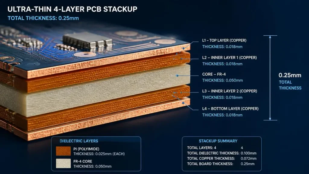 3D cross-section diagram of an ultra-thin 4-layer PCB stackup showing 0.25mm total thickness with 0.05mm FR-4 core and 0.025mm polyimide layers by Hongda Circuit
