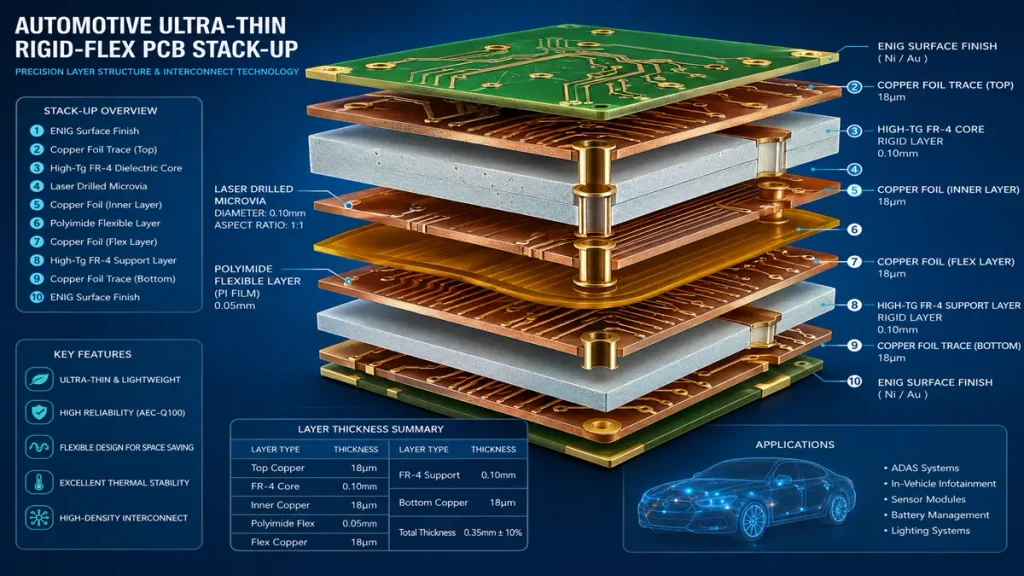 3D exploded stack-up diagram of ultra thin automotive rigid-flex PCB showing High-Tg FR-4, polyimide flex layer, microvias, and ENIG finish by Hongda Circuit