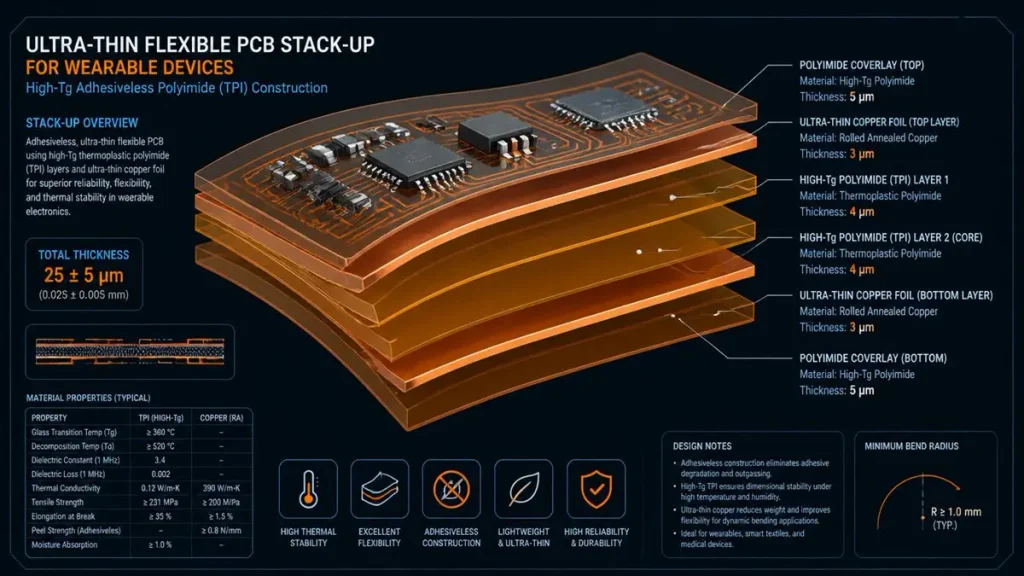 Ultra-Thin Flexible PCB Stack-Up Diagram (Adhesiveless TPI Construction)