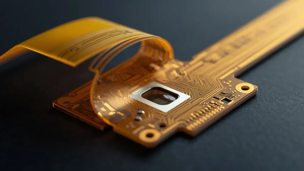 Ultra thin 0.05mm FPC camera board with flexible yellow polyimide substrate and copper traces bending around a smartphone sensor module by Hongda Circuit