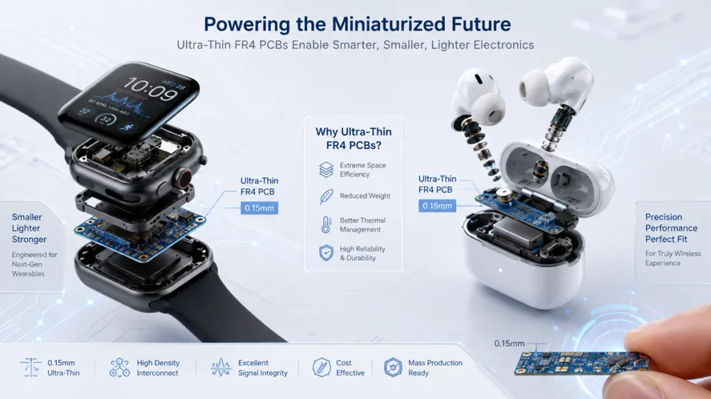 Exploded-view diagram of a smartwatch and wireless earbuds showing 0.15mm ultra thin FR4 PCB integration for space-constrained wearable electronics
