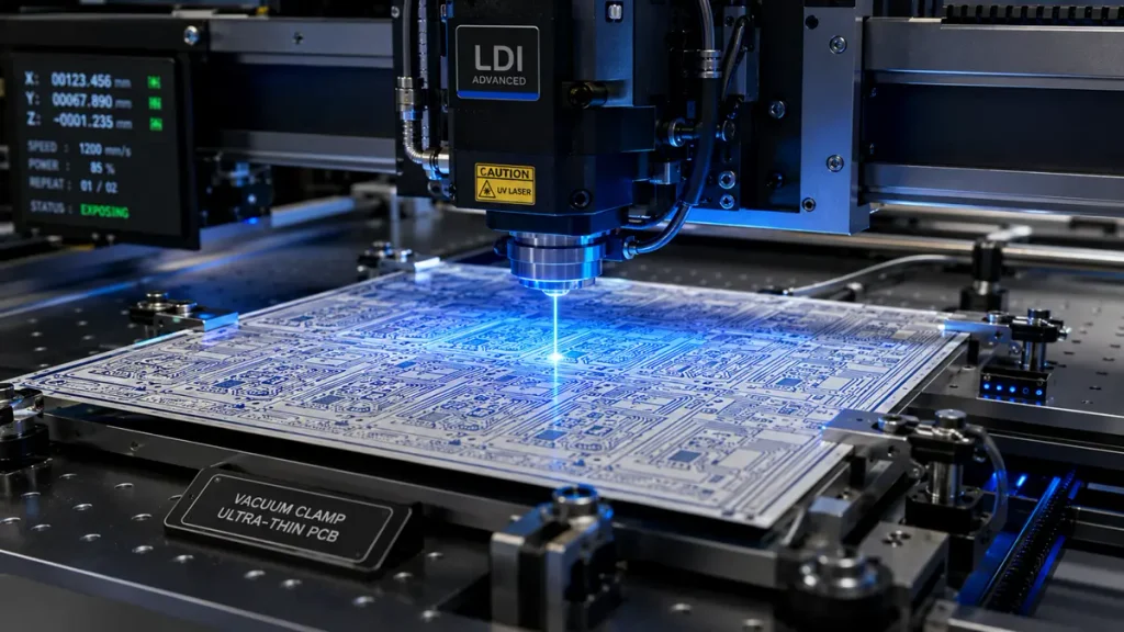 High-precision LDI system with vacuum clamping processing fine-line circuitry on an ultra thin FR4 PCB panel