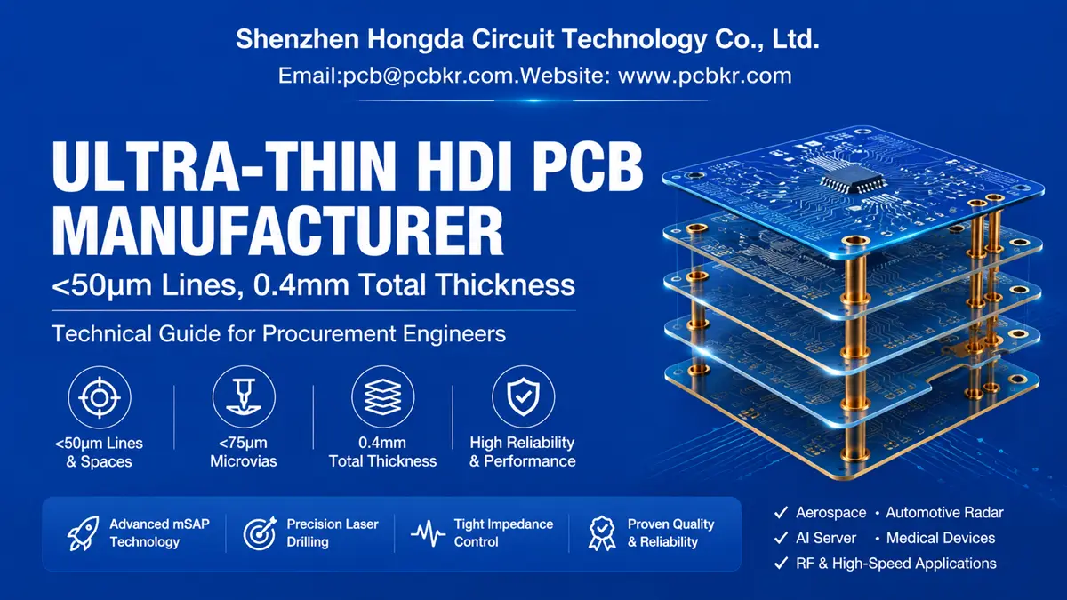 Ultra thin HDI PCB manufacturing technical guide showing 0.4mm layer stackup and fine line specs by Hongda Circuit