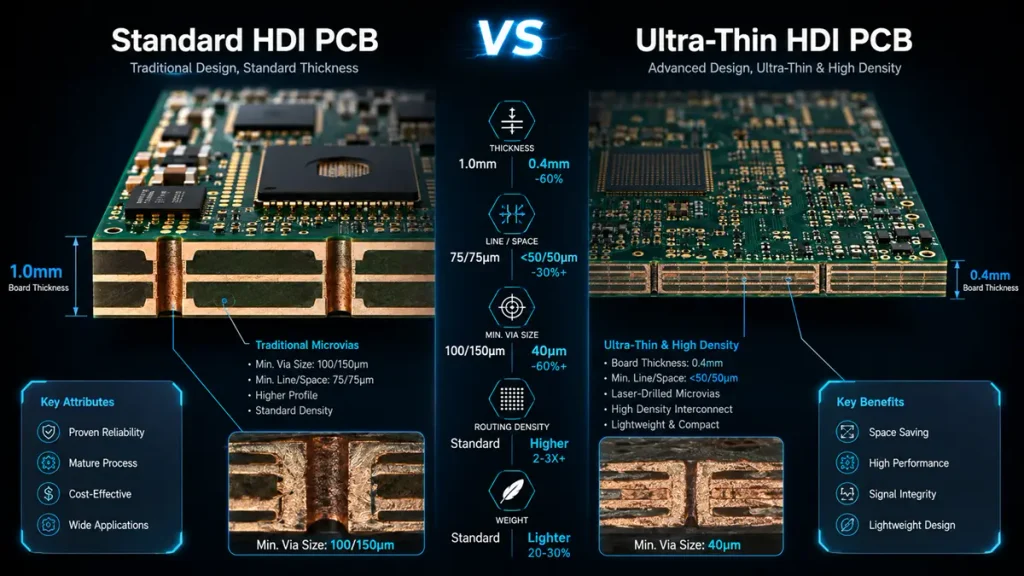 Comparison infographic showing standard HDI PCB vs ultra thin HDI PCB specs including 0.4mm thickness, 40μm microvias, and sub-50μm line space