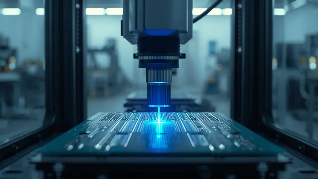 Automated optical inspection machine scanning ultra thin PCB with blue laser light in cleanroom