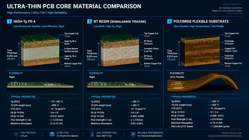 Side-by-side technical comparison infographic of ultra-thin PCB core materials showing 3D cross-sections and properties of High-Tg FR-4, BT resin, and polyimide flexible substrate.
