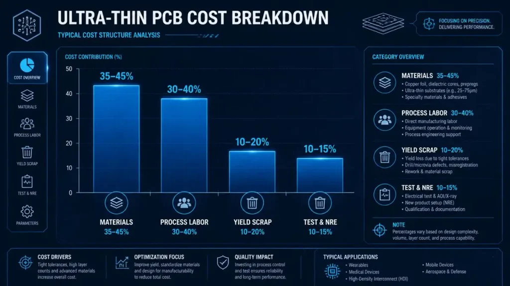 Ultra thin PCB cost breakdown infographic chart showing materials 35-45%, process labor 30-40%, yield scrap 10-20%, and test & NRE 10-15% by Hongda Circuit