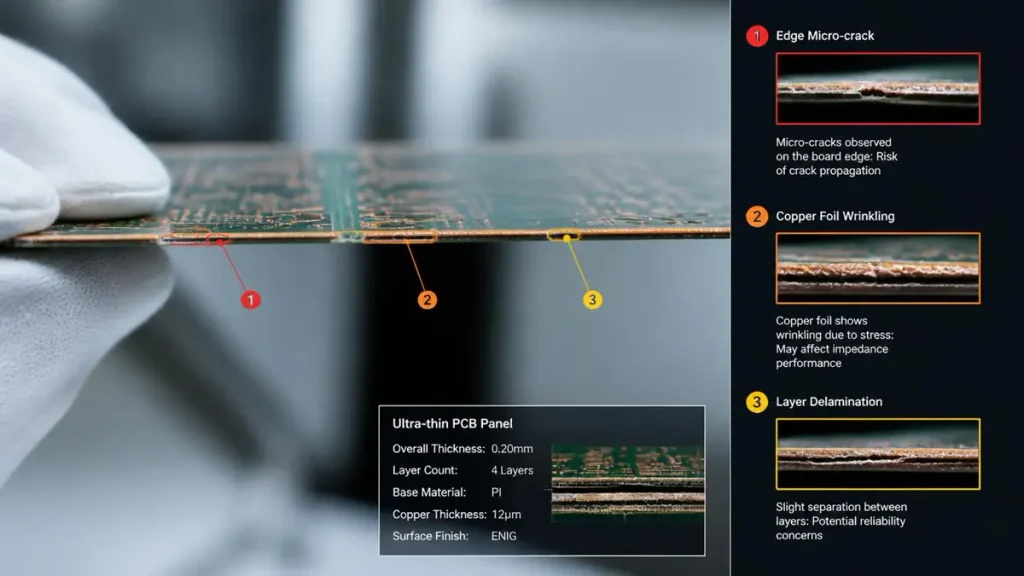 Microscope inspection showing ultra thin PCB defects including edge micro-cracks, copper foil wrinkling, and layer delamination