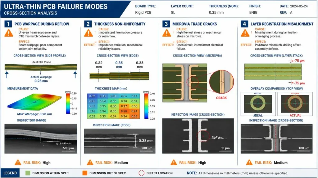 Technical cross-section analysis diagram illustrating 4 ultra-thin PCB failure modes including reflow warpage, thickness variation, microvia cracks, and layer misalignment