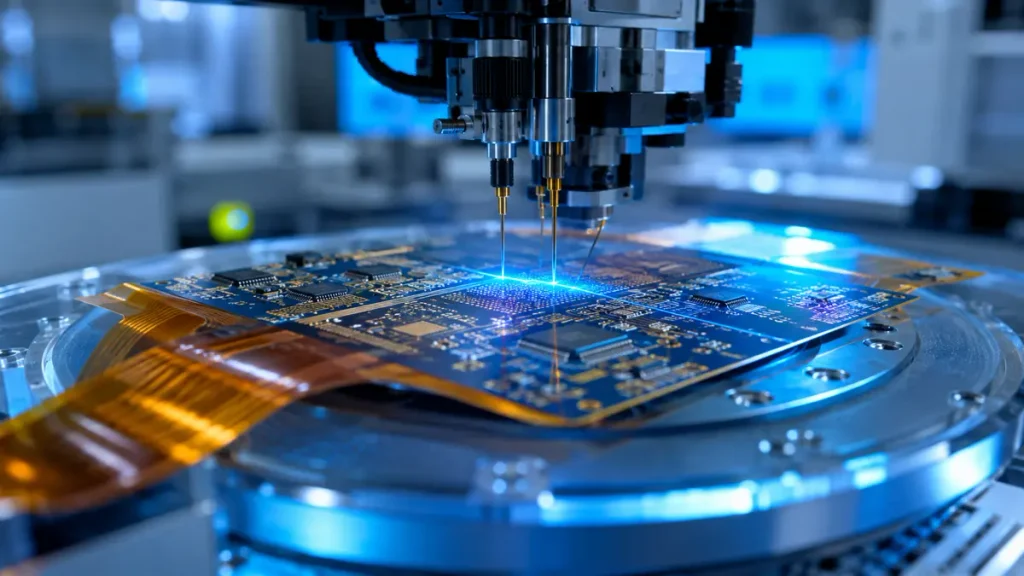 Automated flying probe electrical testing system verifying circuit integrity on an ultra-thin flexible PCB at Shenzhen Hongda Circuit factory.
