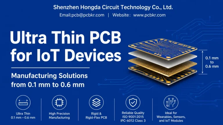 Ultra Thin PCB for IoT Devices manufacturing banner showing 0.1 mm to 0.6 mm multilayer PCB stackup architecture by Shenzhen Hongda Circuit Technology.
