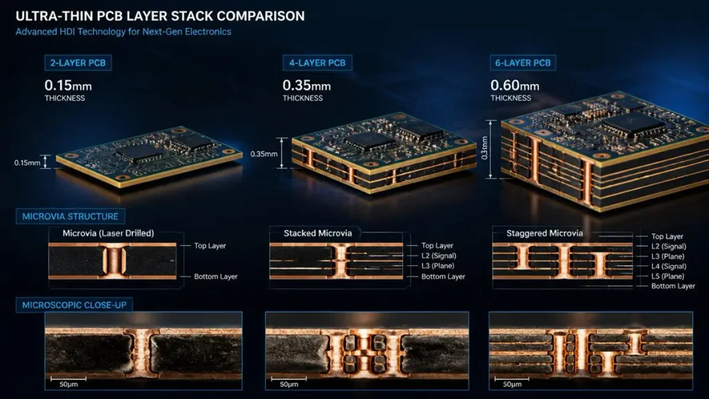 3D isometric technical diagram showing ultra-thin PCB layer stacks for 2-layer 0.15mm, 4-layer 0.35mm, and 6-layer 0.60mm boards with microvia cross-sections