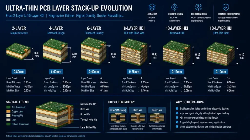 Ultra thin PCB layer stack up evolution diagram showing 2 layer to 10 layer HDI structures down to 0.10mm thickness