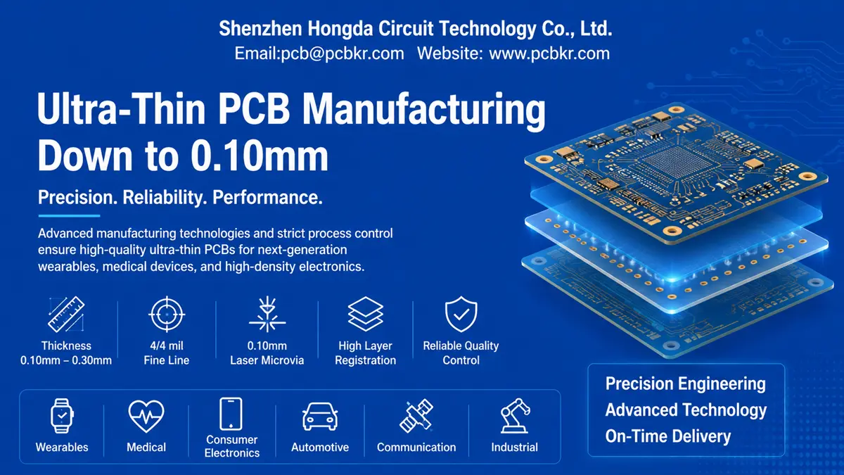 Ultra thin PCB manufacturer Hongda Circuit capabilities infographic featuring 0.10mm thickness, 4/4 mil fine line, and laser microvia technology