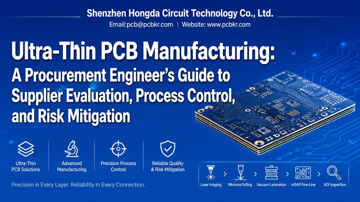 Ultra-thin PCB manufacturing guide cover by Shenzhen Hongda Circuit Technology, showcasing multilayer HDI stack-up and precision fabrication processes.