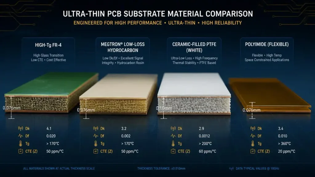 Side-by-side comparison of ultra thin PCB material substrates showing High-Tg FR-4, Megtron, ceramic-filled PTFE, and Polyimide with Dk, Df, and 0.076mm thickness specs.