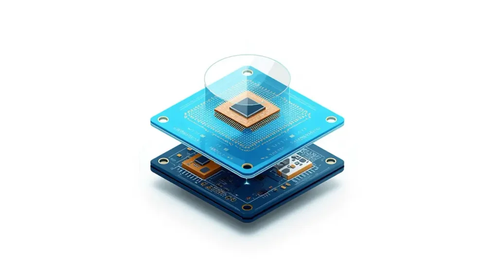 3D isometric exploded view diagram showing optical lens, micro IC chip, ultra thin flex-rigid PCB base, and battery stackup for medical IoT devices by Hongda Circuit.
