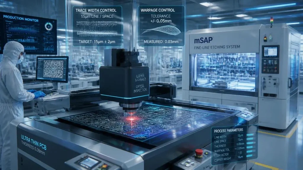 Ultra-thin PCB manufacturing process at Hongda Circuit featuring mSAP fine-line etching and precision warpage control.