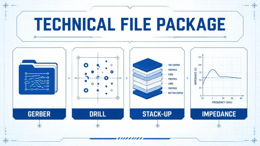 Technical file package diagram for ultra-thin PCB quote including Gerber, drill data, stack-up, and impedance specs.