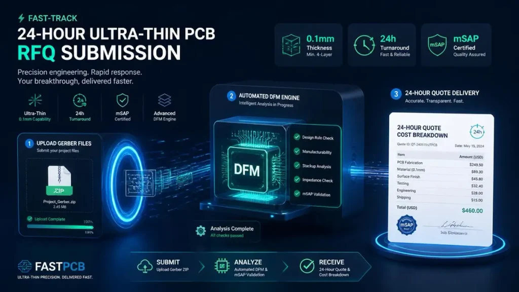 3D isometric illustration showing the 24-hour ultra-thin PCB RFQ process: Gerber ZIP upload, automated DFM engine analysis, and instant cost breakdown certificate with 0.1mm thickness and mSAP certified metrics.