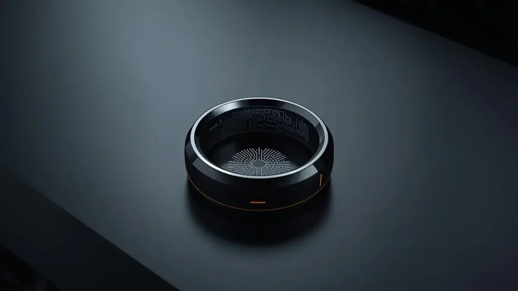 Futuristic smart ring device on dark surface featuring an integrated ultra thin flexible PCB inner layer manufactured by Hongda Circuit