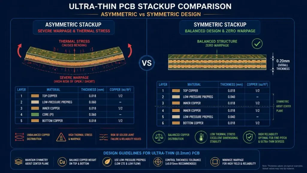 A technical comparison diagram of ultra-thin PCB design showing an asymmetric stackup causing thermal stress and severe warpage versus a 0.2mm symmetric stackup with balanced copper distribution and zero warpage.