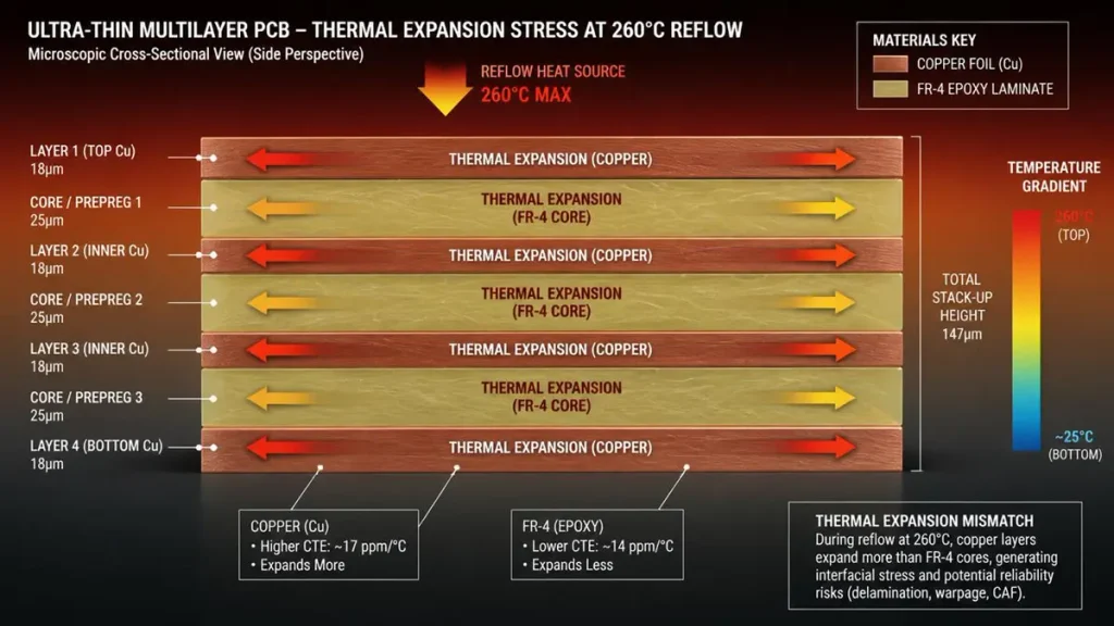 Technical cross-section diagram of an ultra-thin 4-layer PCB stack-up during 260°C reflow, illustrating thermal expansion stress arrows and CTE mismatch between copper foil (17 ppm/°C) and FR-4 epoxy laminate (14 ppm/°C).