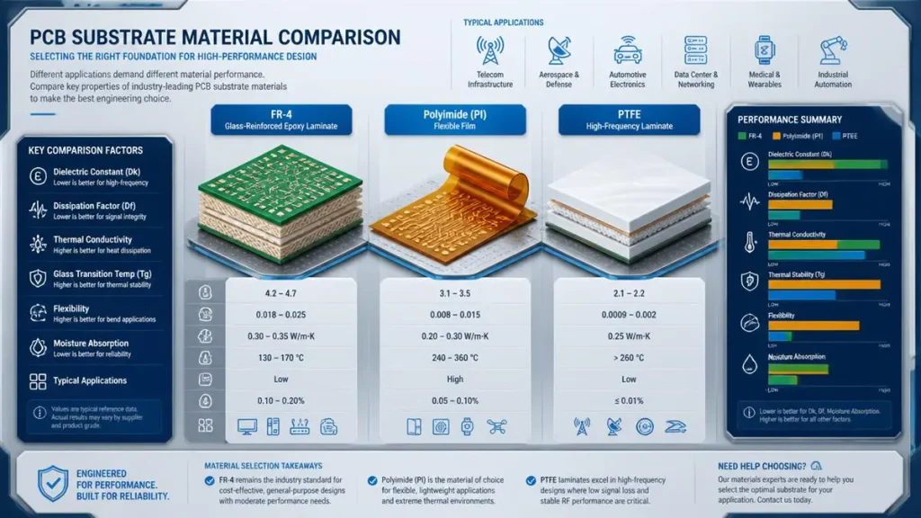 PCB substrate material comparison chart comparing FR4, Polyimide PI flexible film, and PTFE for ultra thin PCB manufacturing