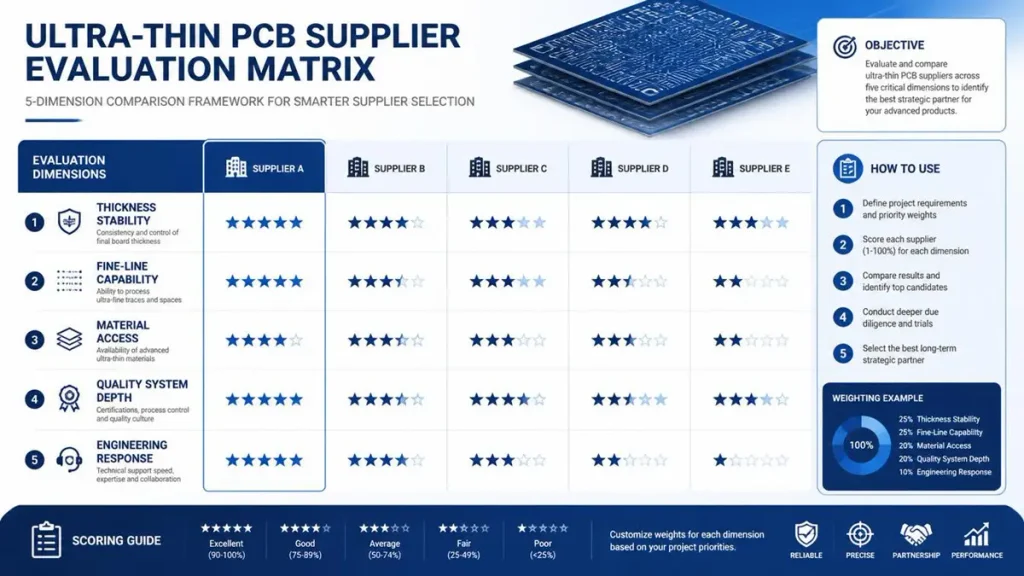 Industrial evaluation matrix showing 5 critical dimensions for selecting ultra-thin PCB suppliers including thickness stability, fine-line capability, and quality depth