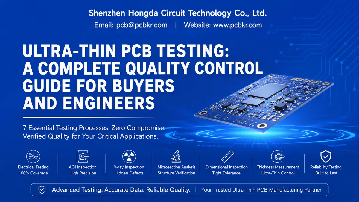 Ultra-Thin PCB Testing quality control guide by Shenzhen Hongda Circuit, highlighting 7 essential inspection processes including electrical test, AOI, X-ray, and microsection analysis.