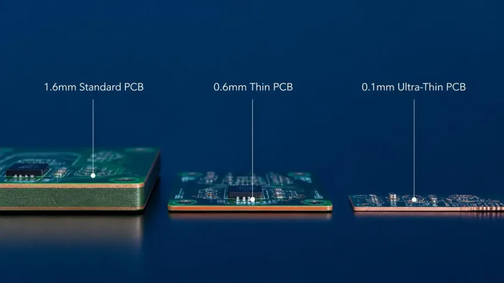 Side-by-side comparison of 1.6mm standard PCB, 0.6mm thin PCB, and 0.1mm ultra-thin PCB thickness by Hongda Circuit