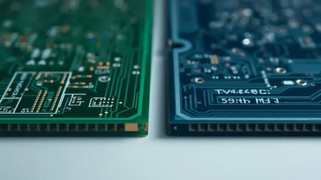 Macro comparison between a standard 1.6mm green PCB and an ultra thin 0.1mm dark blue PCB showing edge profile and copper layer architecture by Hongda Circuit.
