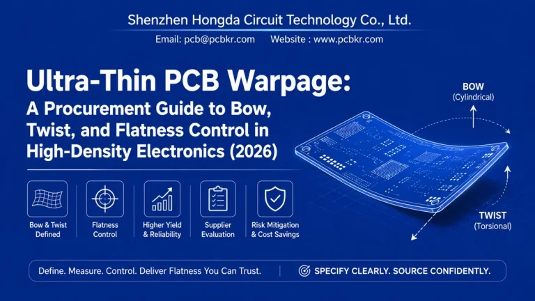 Ultra-Thin PCB Warpage procurement guide diagram showing bow, twist, and flatness control by Hongda Circuit